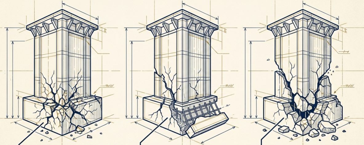 Three blueprint pillars, each cracking at its base