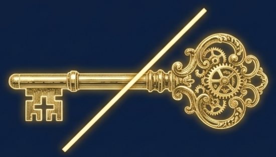 A gold key, struck through