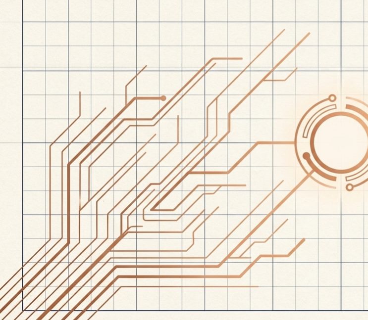 Copper circuit paths converging on a single point