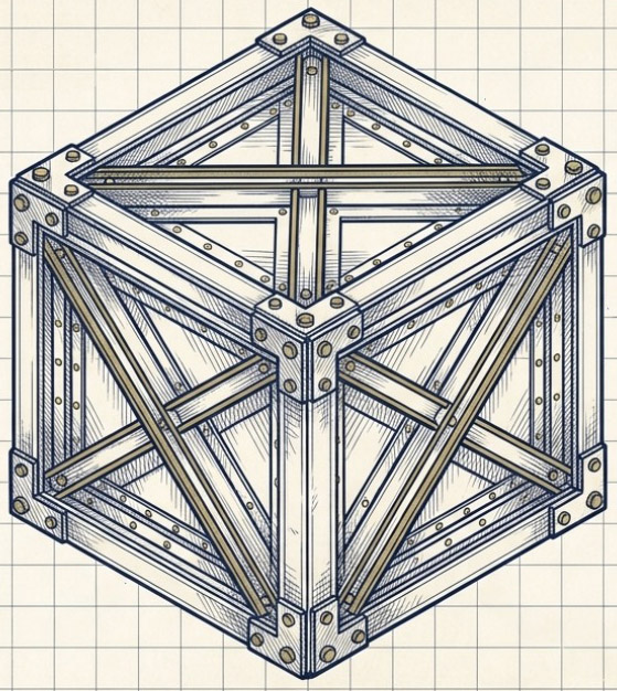 Blueprint of a sealed, cross-braced cube