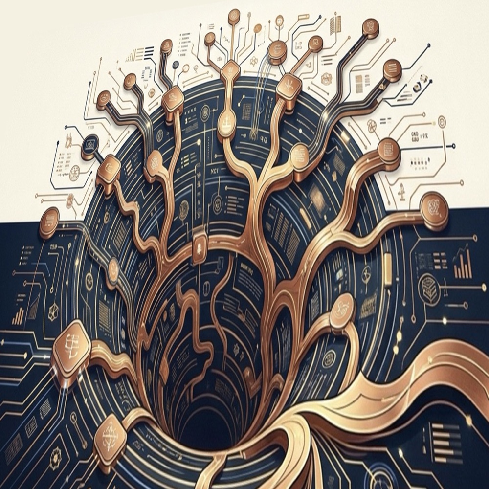 Copper paths branching and descending into a rabbit hole