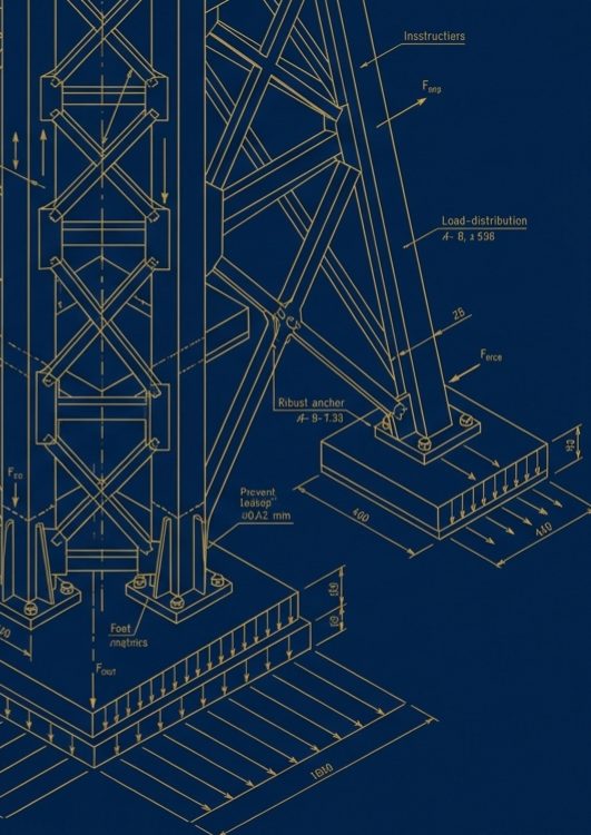 Blueprint drawing of a reinforced structural tower on its foundation