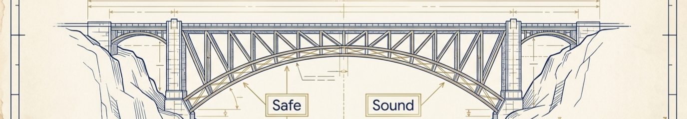 Blueprint of an arched bridge, with its two structures labelled Safe and Sound