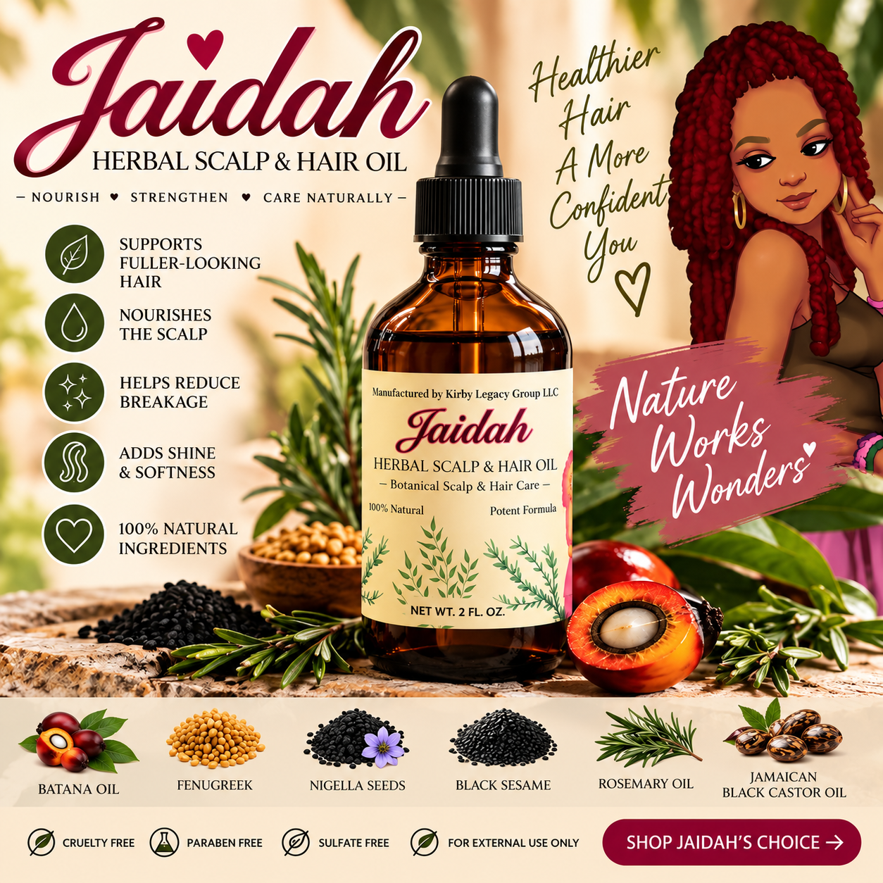 Jaidah’s Choice Herbal Scalp & Hair Oil label, 2 fl oz, with Made with care and Formulated by a licensed cosmetologist.