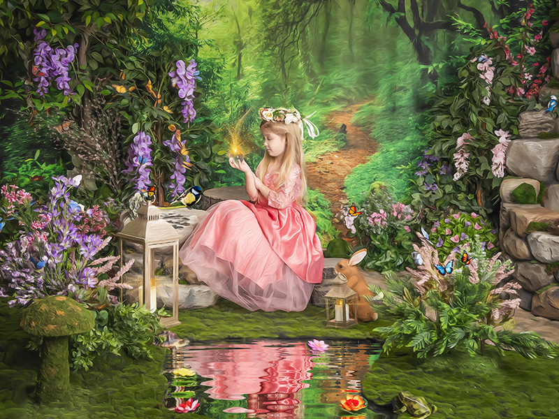 girl in magic fairy garden making a wish to be a fairy child portrait fairytale