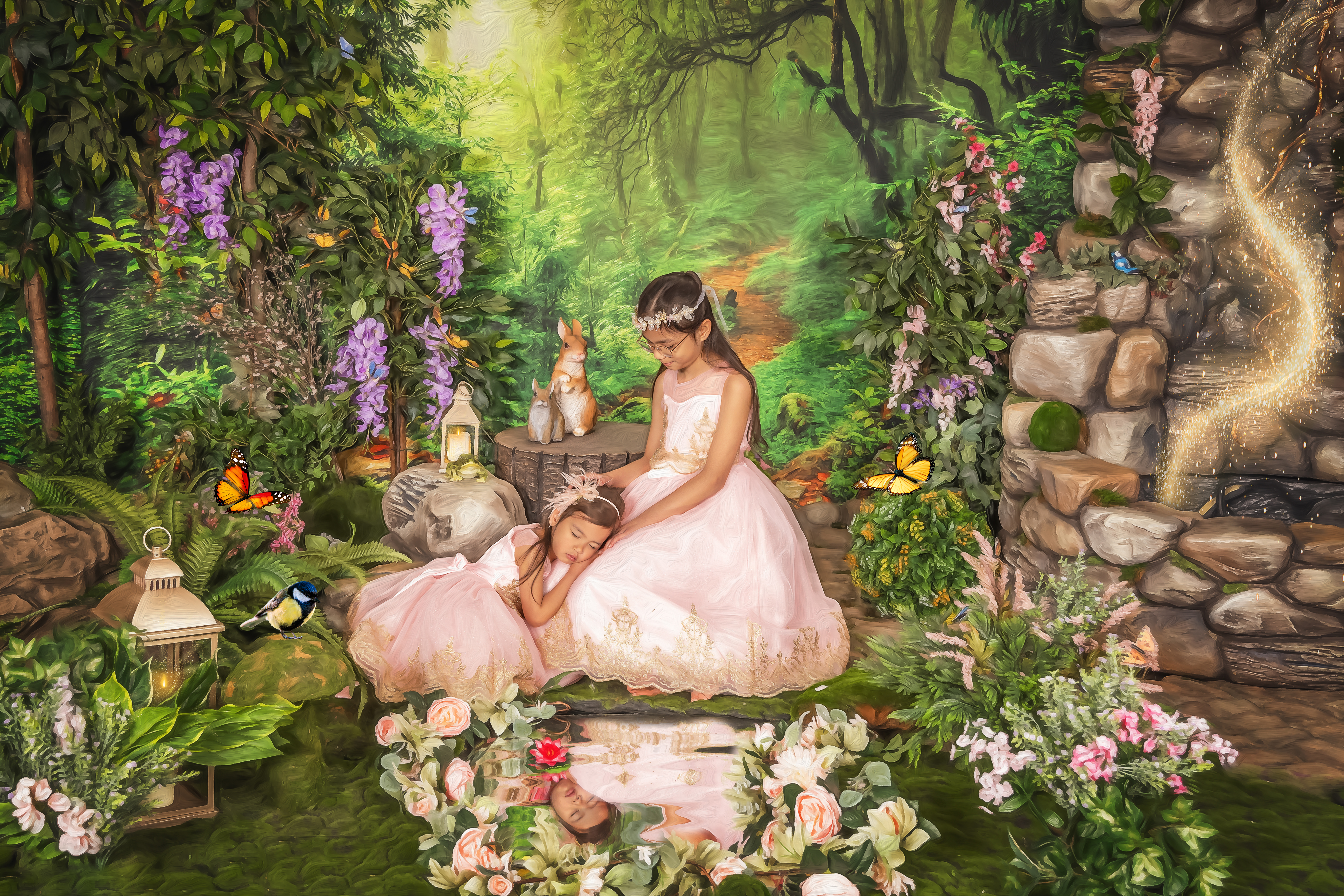 girl daydreaming in fairy magic garden child portrait fairytale story
