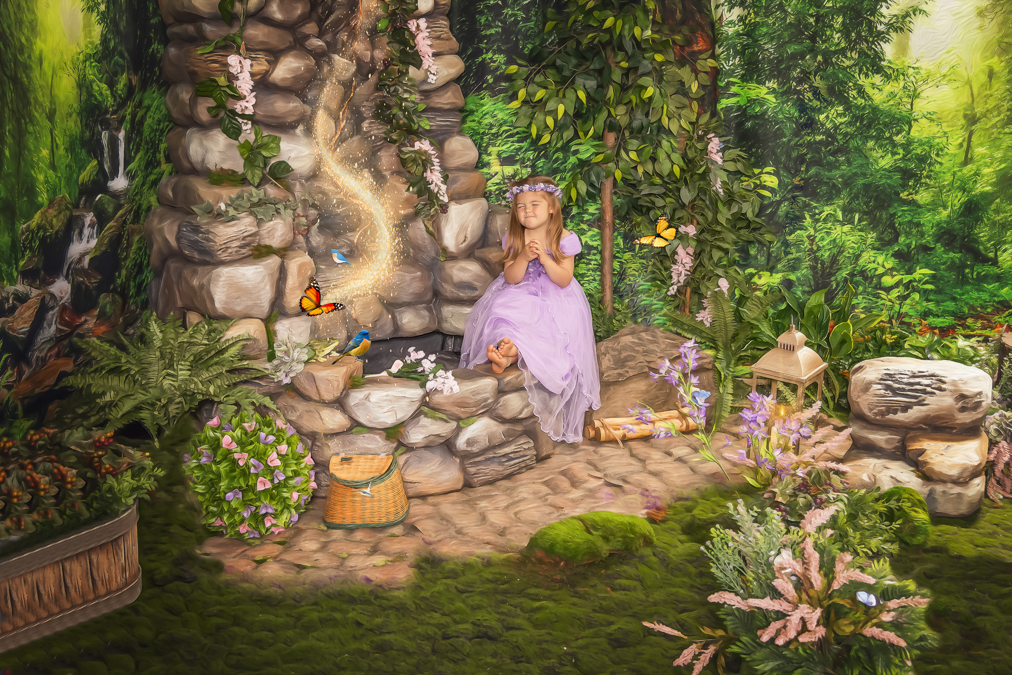 Child making wish at wishing well fairytale 