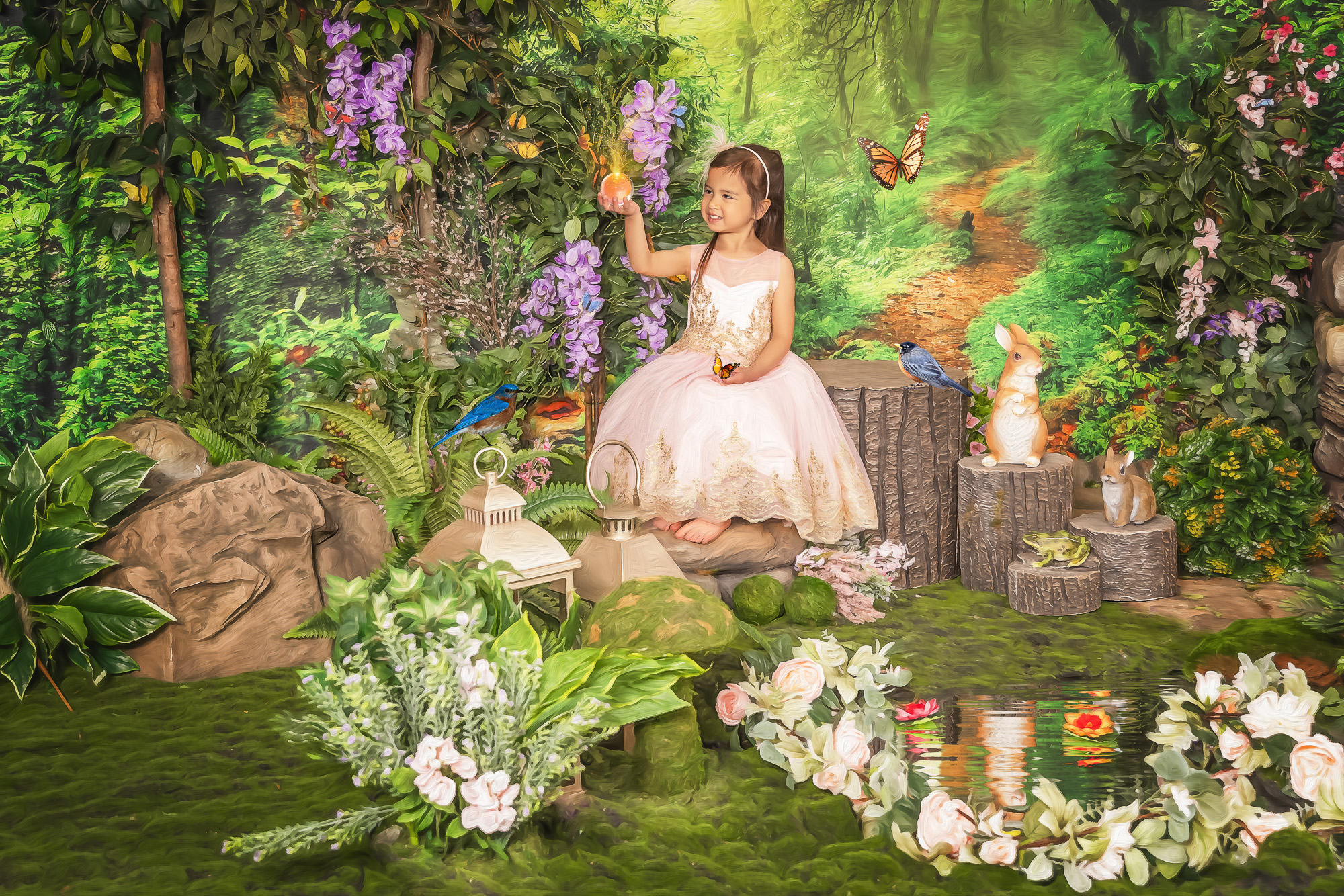 girl in magic fairy garden making a wish to be a fairy child portrait fairytale