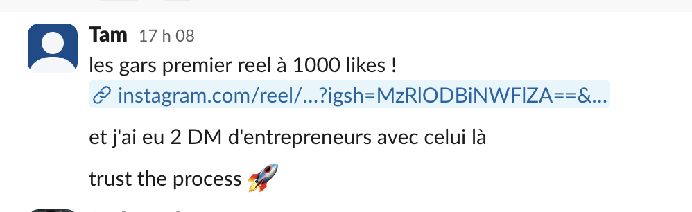 Message d'un membre dans le Slack Personal Ascension