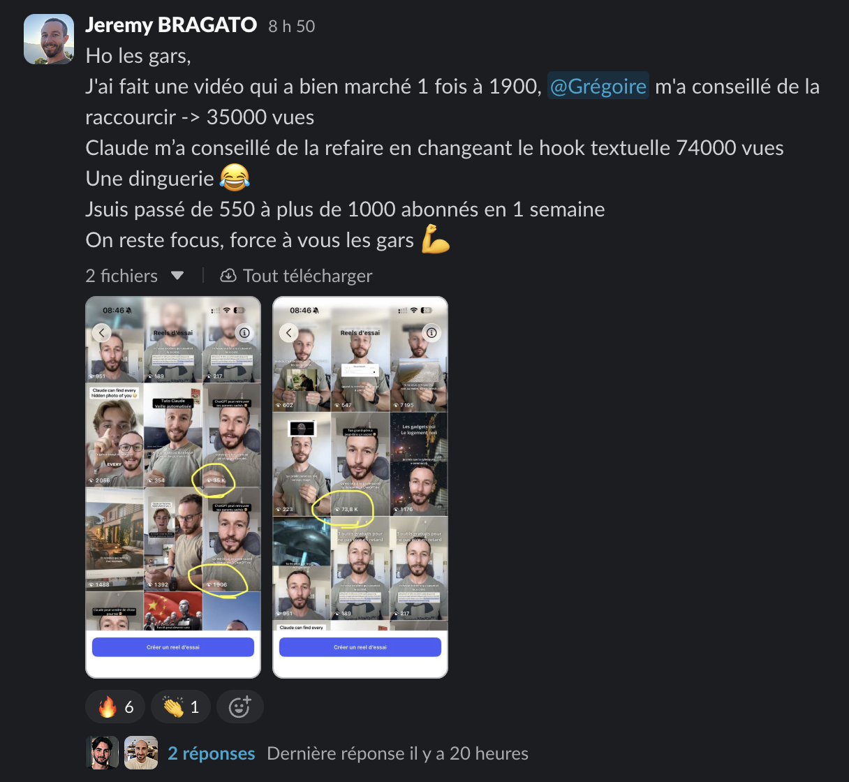 Message d'un membre dans le Slack Personal Ascension