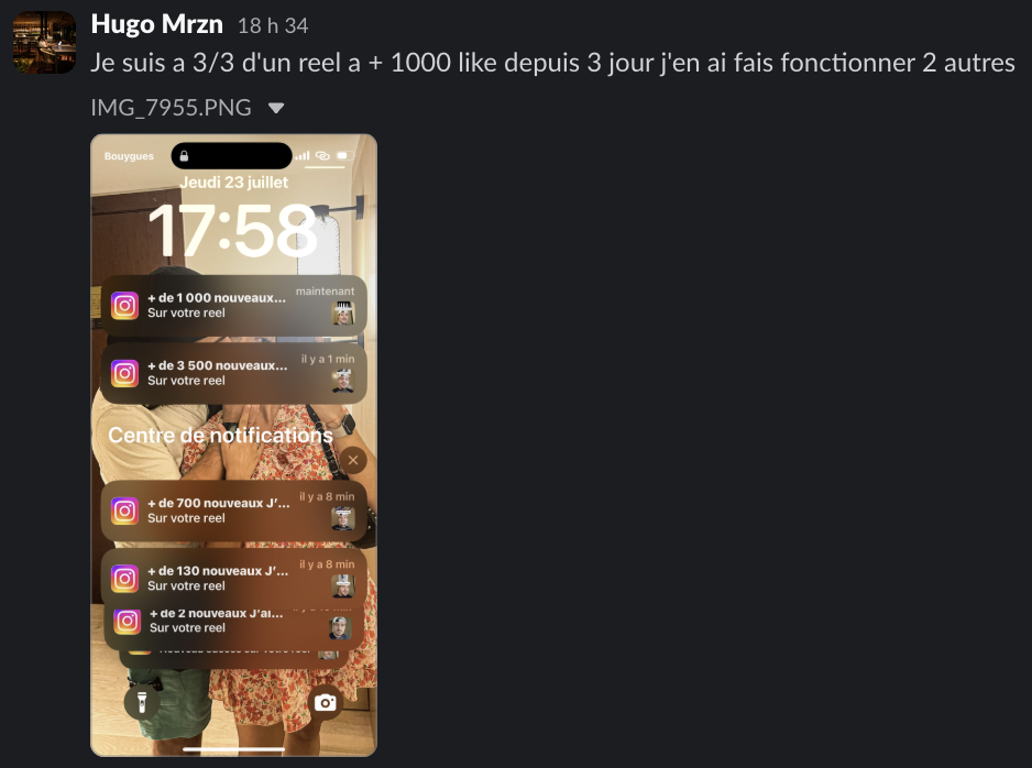 Message d'un membre dans le Slack Personal Ascension