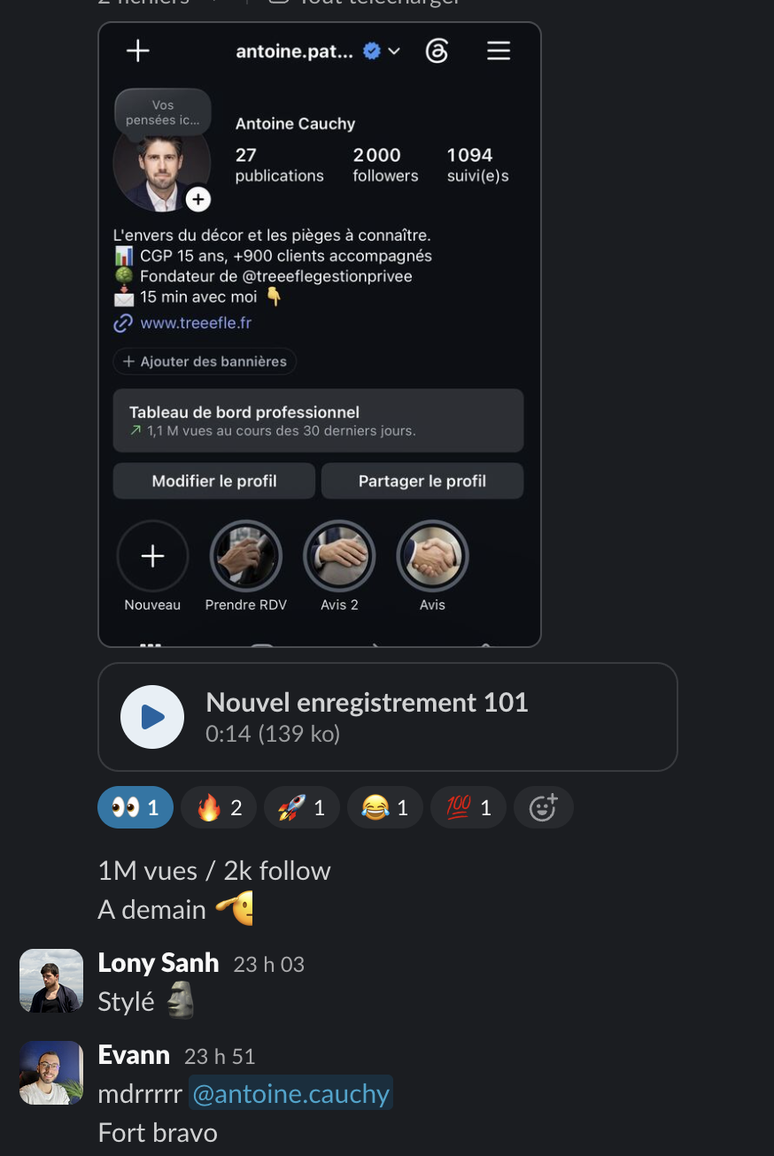 Message d'un membre dans le Slack Personal Ascension