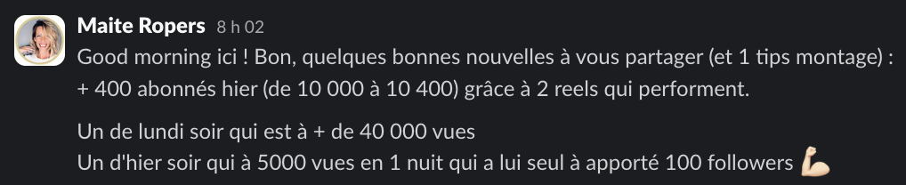 Message d'un membre dans le Slack Personal Ascension