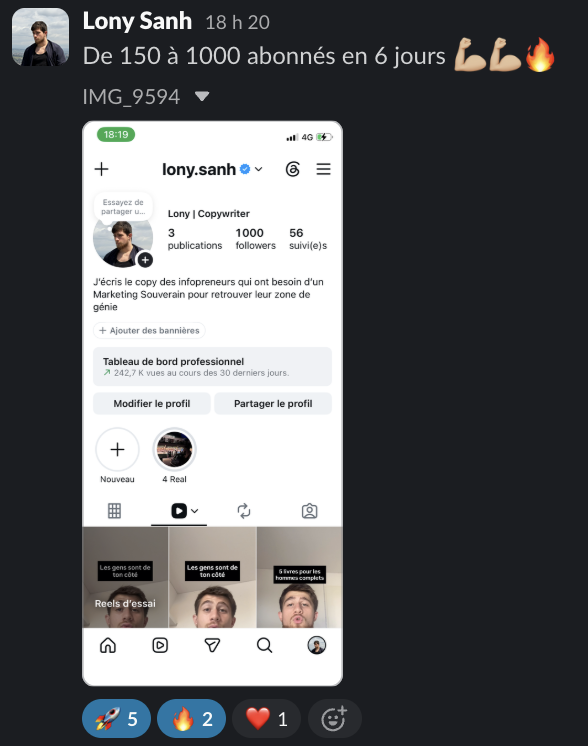 Message d'un membre dans le Slack Personal Ascension