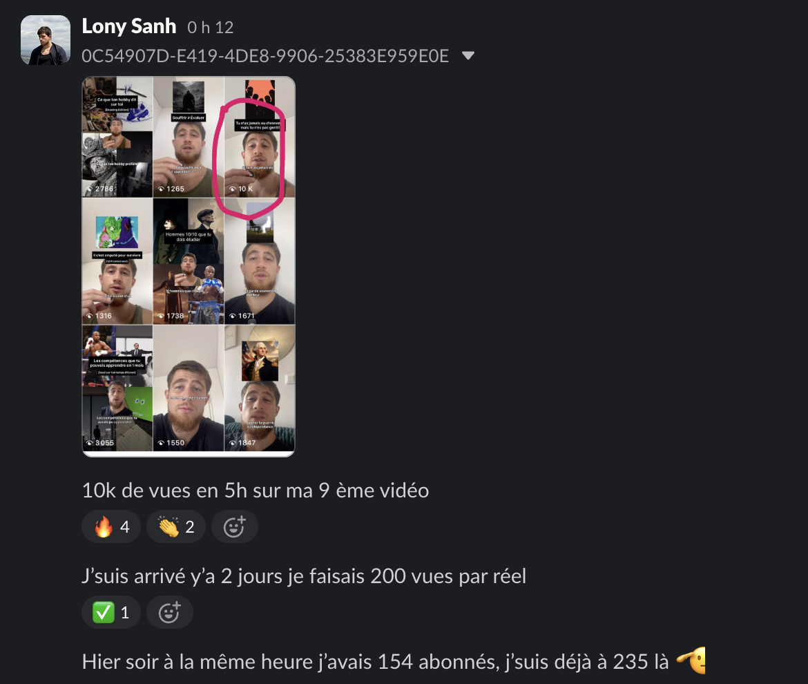Message d'un membre dans le Slack Personal Ascension