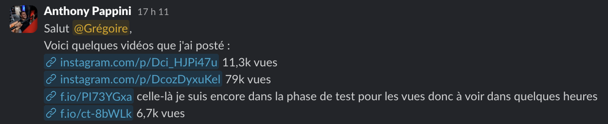 Message d'un membre dans le Slack Personal Ascension