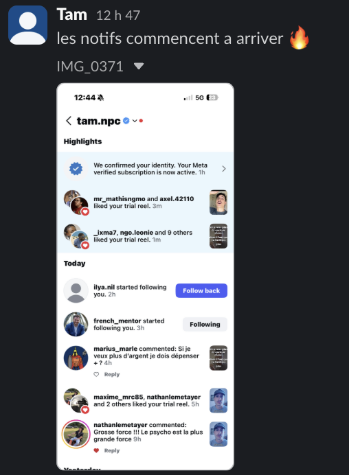 Message d'un membre dans le Slack Personal Ascension