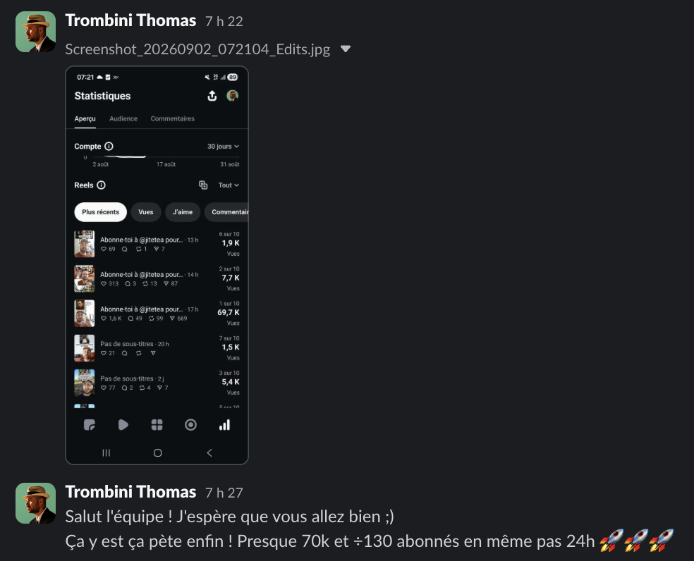 Message d'un membre dans le Slack Personal Ascension