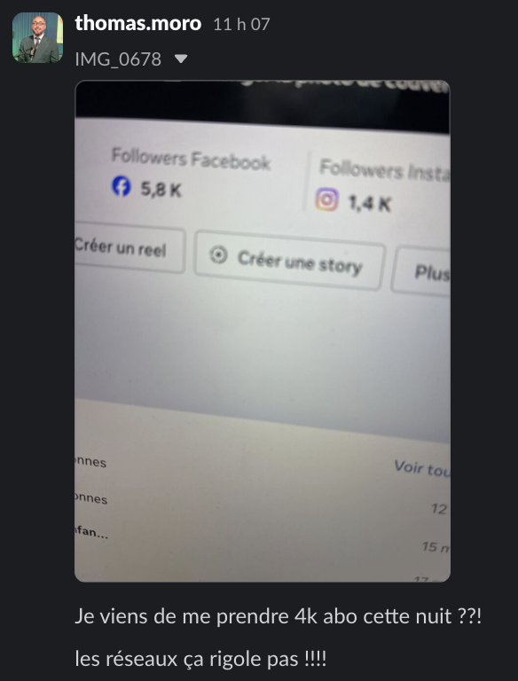 Message d'un membre dans le Slack Personal Ascension