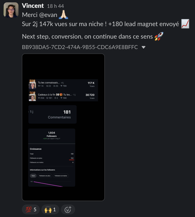 Message d'un membre dans le Slack Personal Ascension