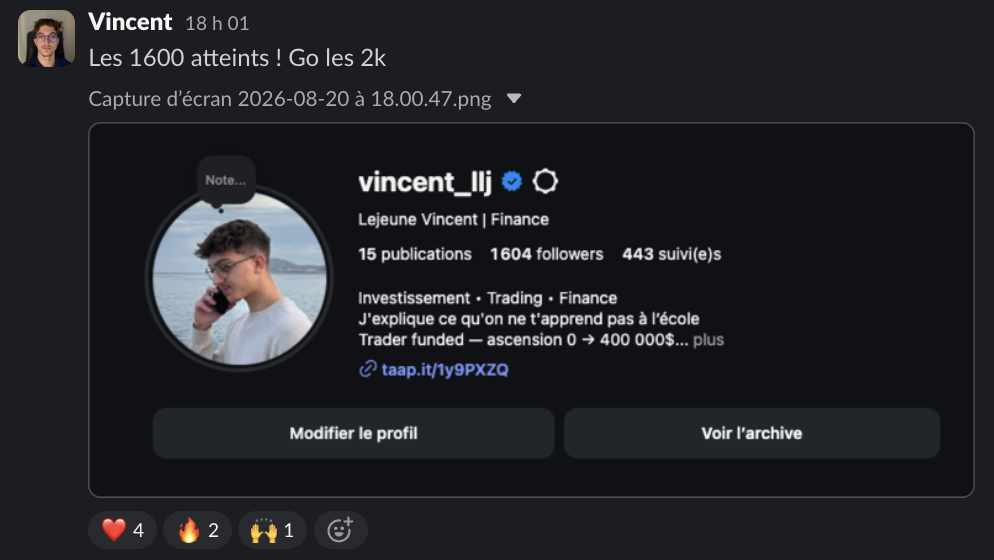 Message d'un membre dans le Slack Personal Ascension