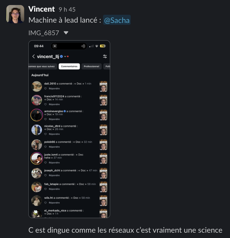 Message d'un membre dans le Slack Personal Ascension