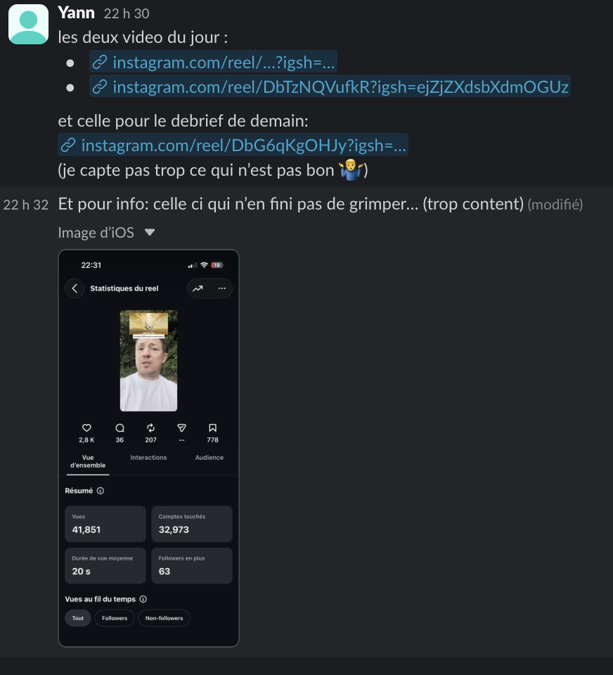 Message d'un membre dans le Slack Personal Ascension