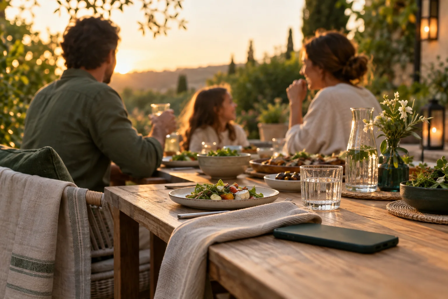 Ein entspanntes Abendessen auf einer Terrasse, das Smartphone liegt unbenutzt auf dem Tisch