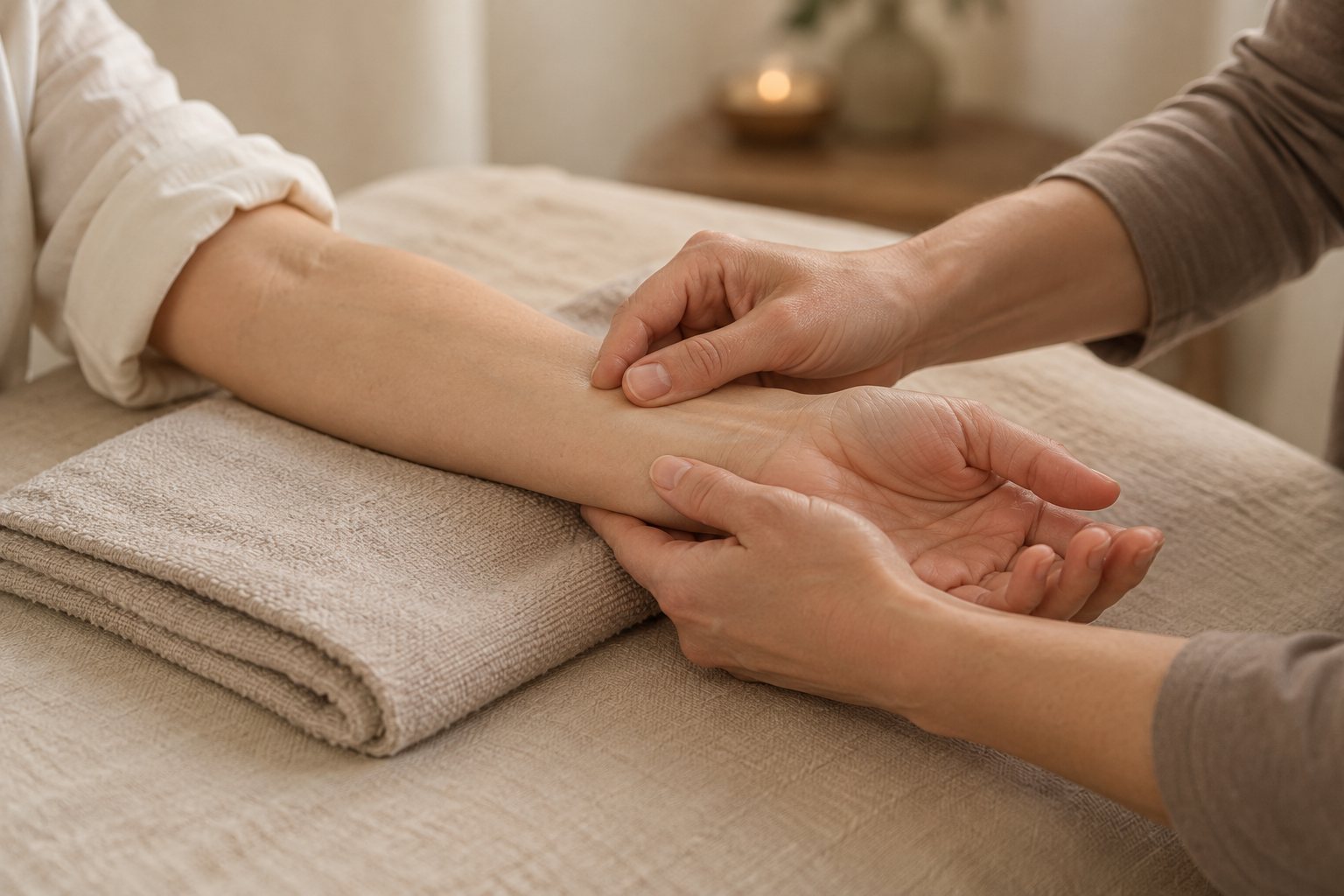 Symbolbild: behutsame Massage eines Unterarms mit natürlichen Händen.
