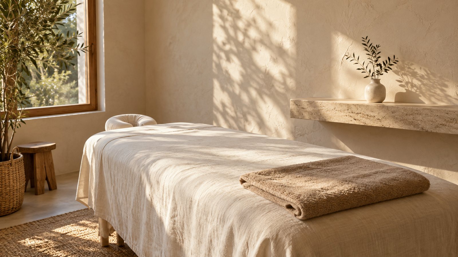 Symbolbild: warmer Lichteinfall und natürliche Materialien als ruhige Massageatmosphäre.