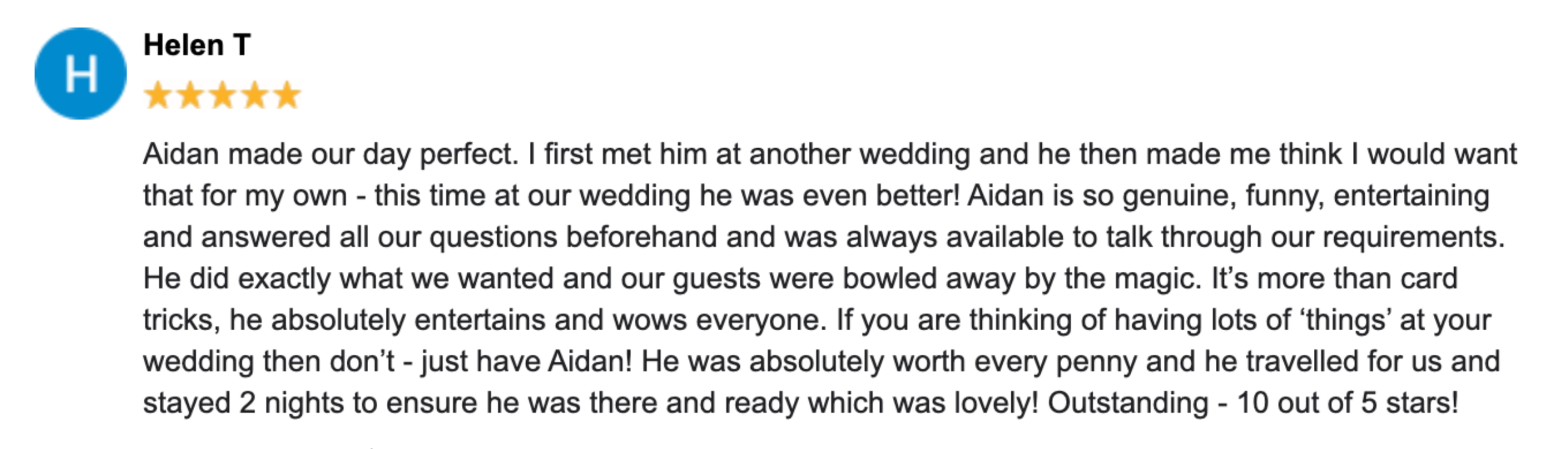 Screenshot of a five-star Google review from a wedding client