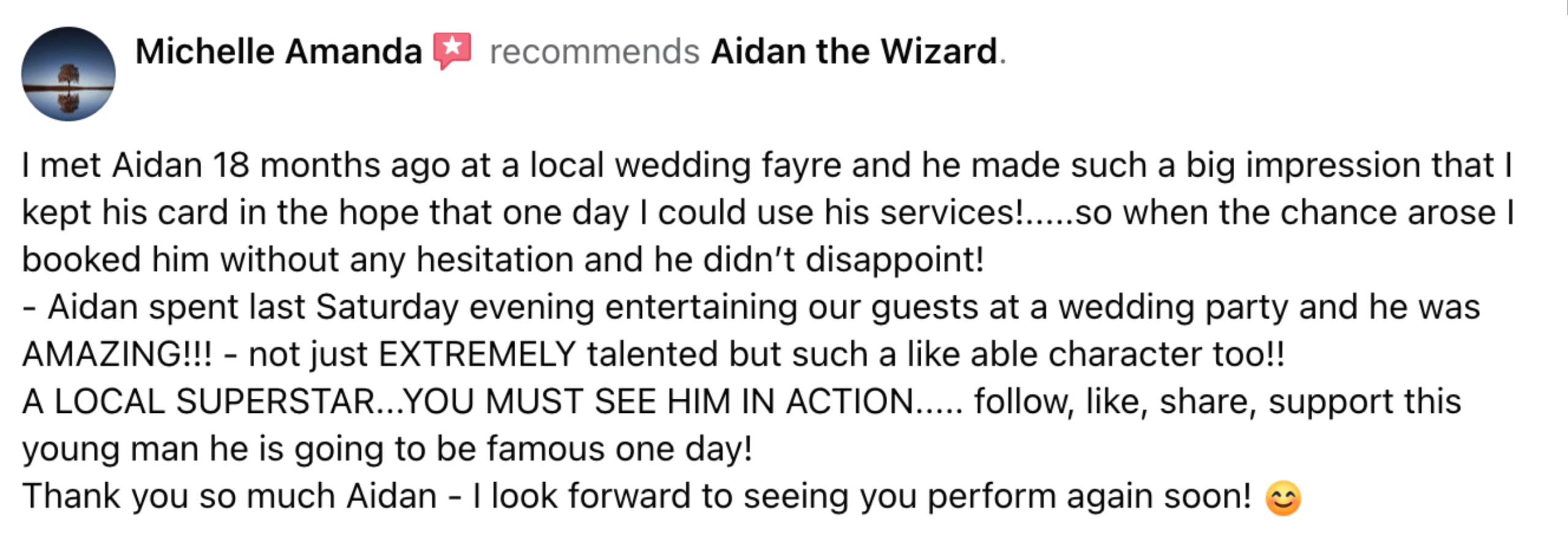 Screenshot of a five-star Google review after wedding entertainment
