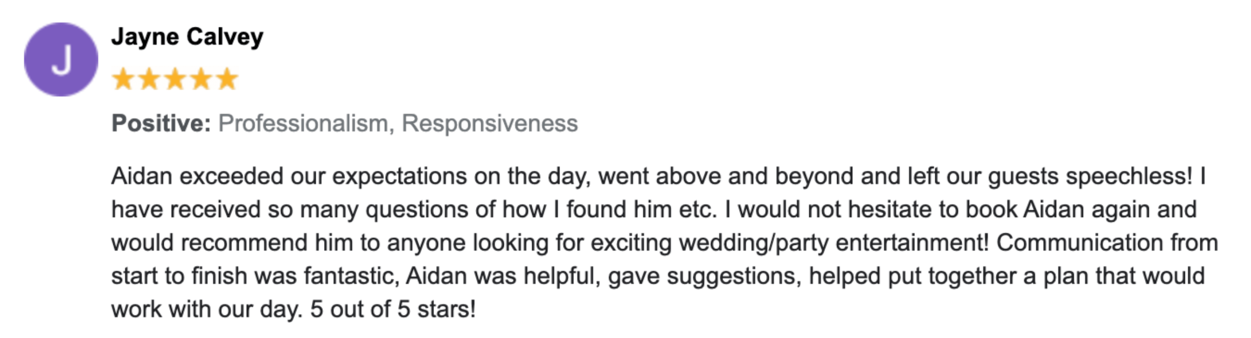 Screenshot of a five-star Google review for wedding magic