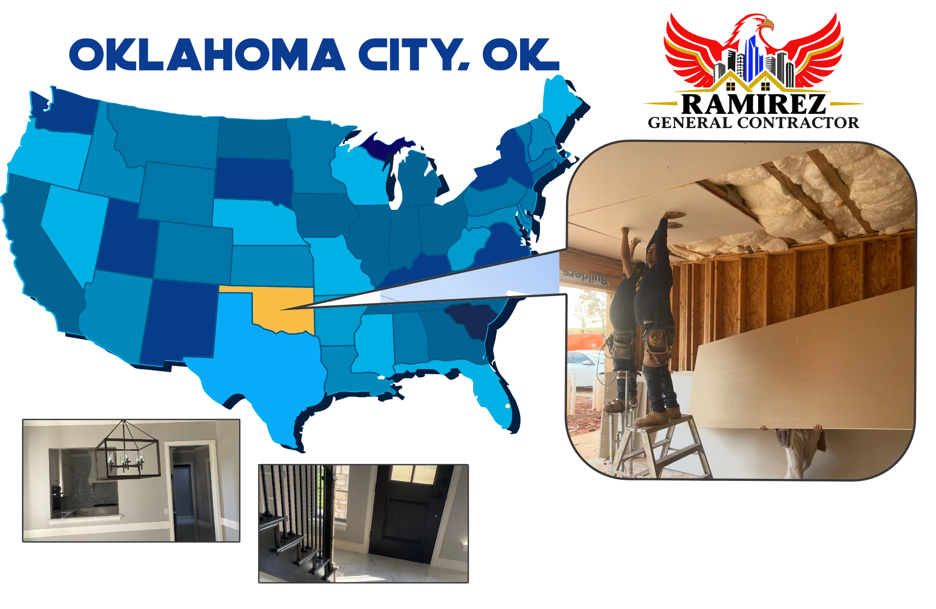 Map showing the 150 mile service area of Ramirez General Contractor LLC centered on Oklahoma City, OK