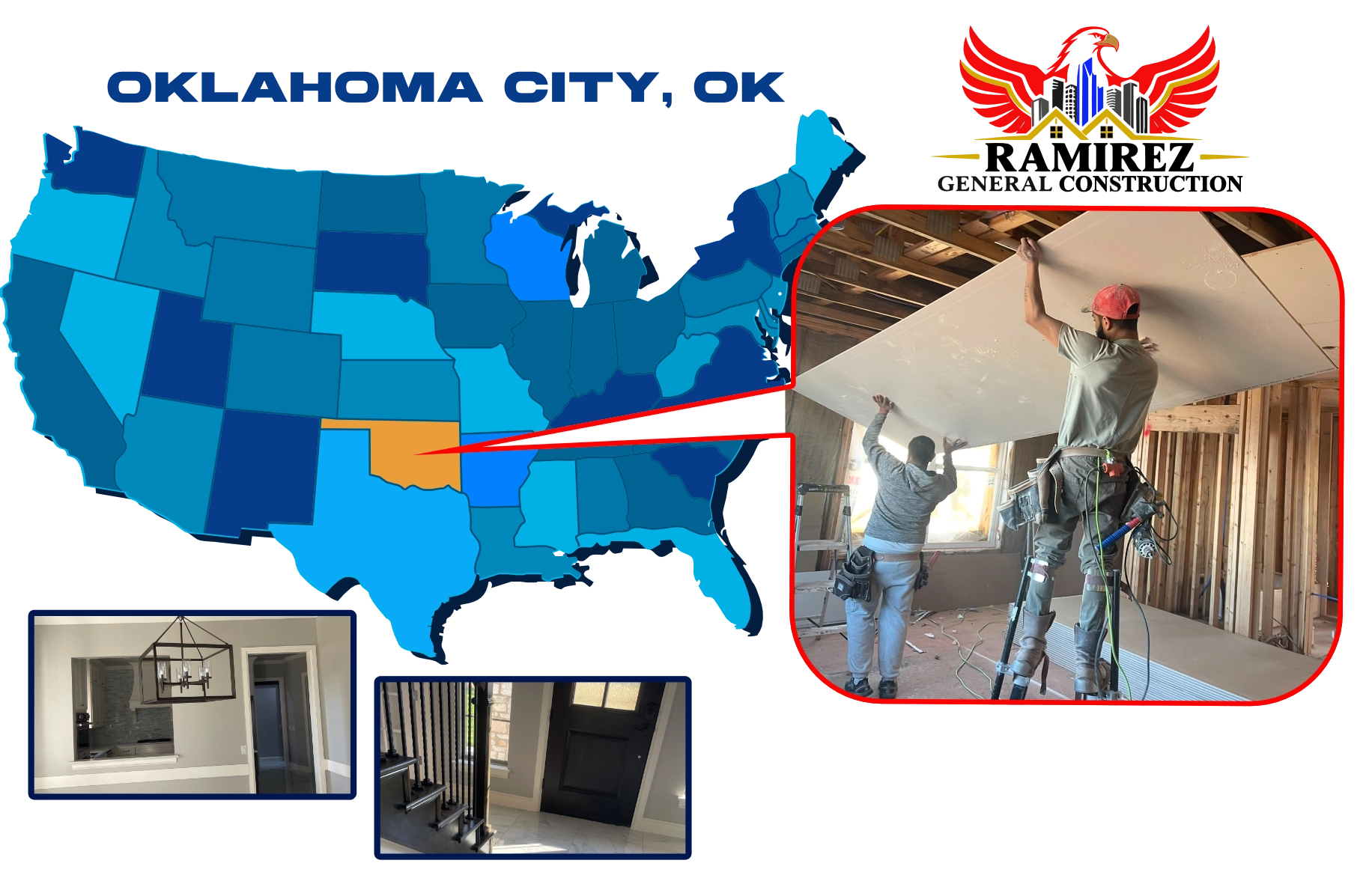 Map showing the 150 mile service area of Ramírez General Construction LLC centered on Oklahoma City, OK