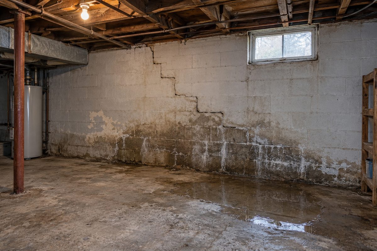 Unfinished basement with a stair-step foundation crack, damp walls and a floor puddle