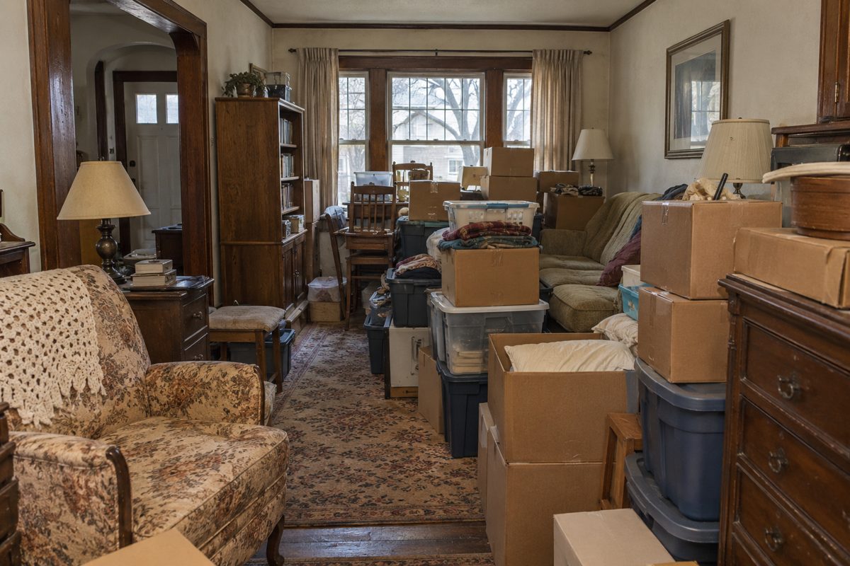 Living room packed with household boxes, storage bins and extra furniture