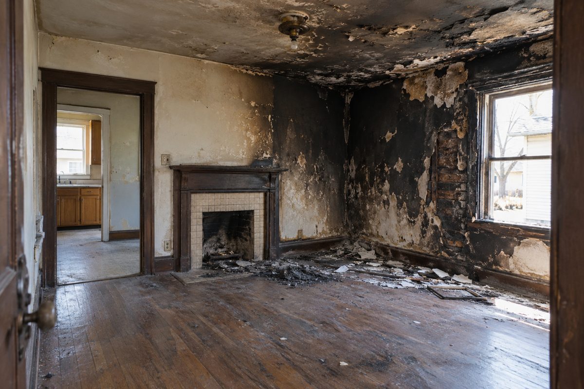 Fire-damaged living room with soot-stained walls and peeling ceiling plaster