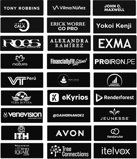 Logos de marcas: Tony Robbins, Vilma Núñez, John C. Maxwell, EXMA, Natura, AVON, Jeunesse, Venevisión y más