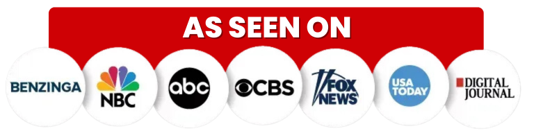 Logos of media outlets including Benzinga, NBC, ABC, CBS, Fox News, USA Today, and Digital Journal with the text "AS SEEN ON" promoting Joe Martin & Associates, LLC's credibility in marketing and business solutions.