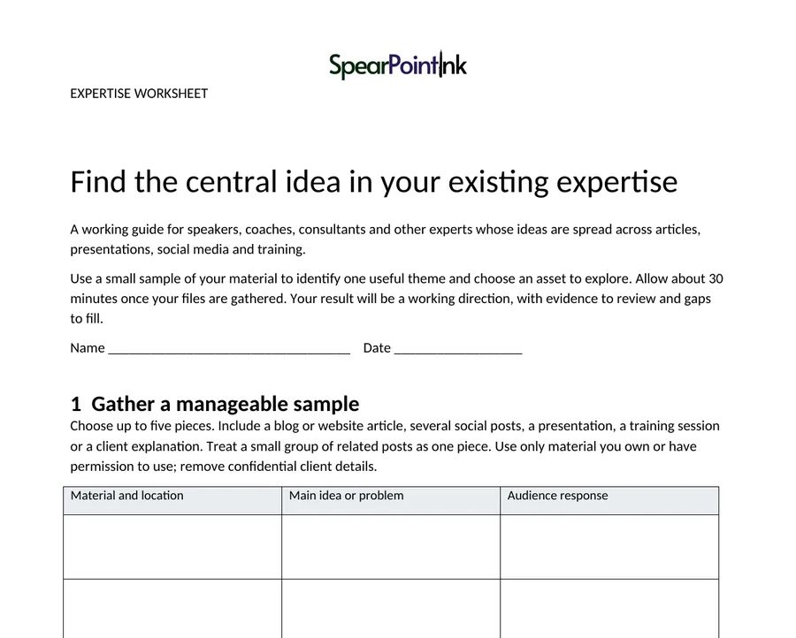 Preview of the SpearPoint Ink expertise worksheet