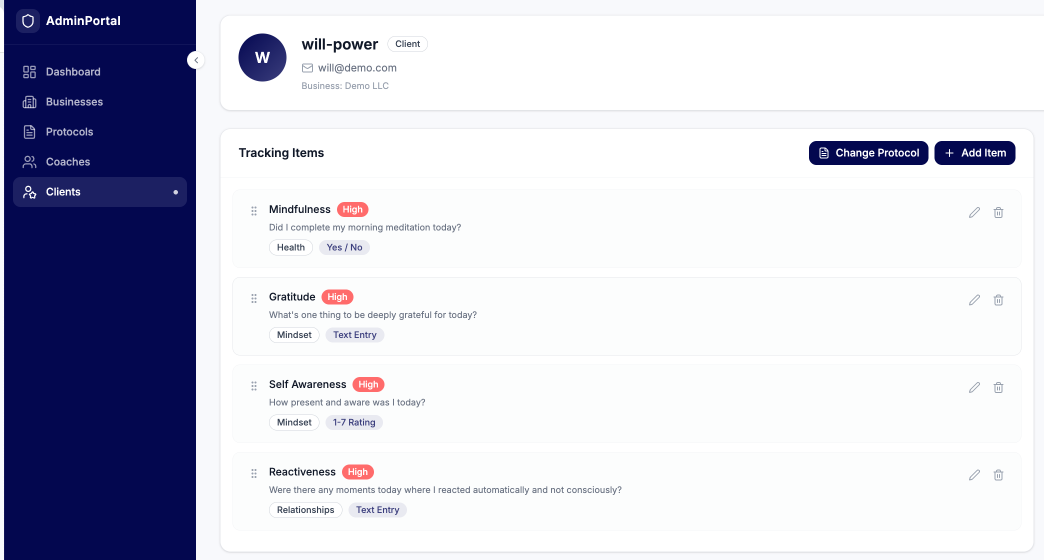 Coach admin portal showing a client's tracking items: Mindfulness, Gratitude, Self Awareness and Reactiveness, each with a question, category and response type