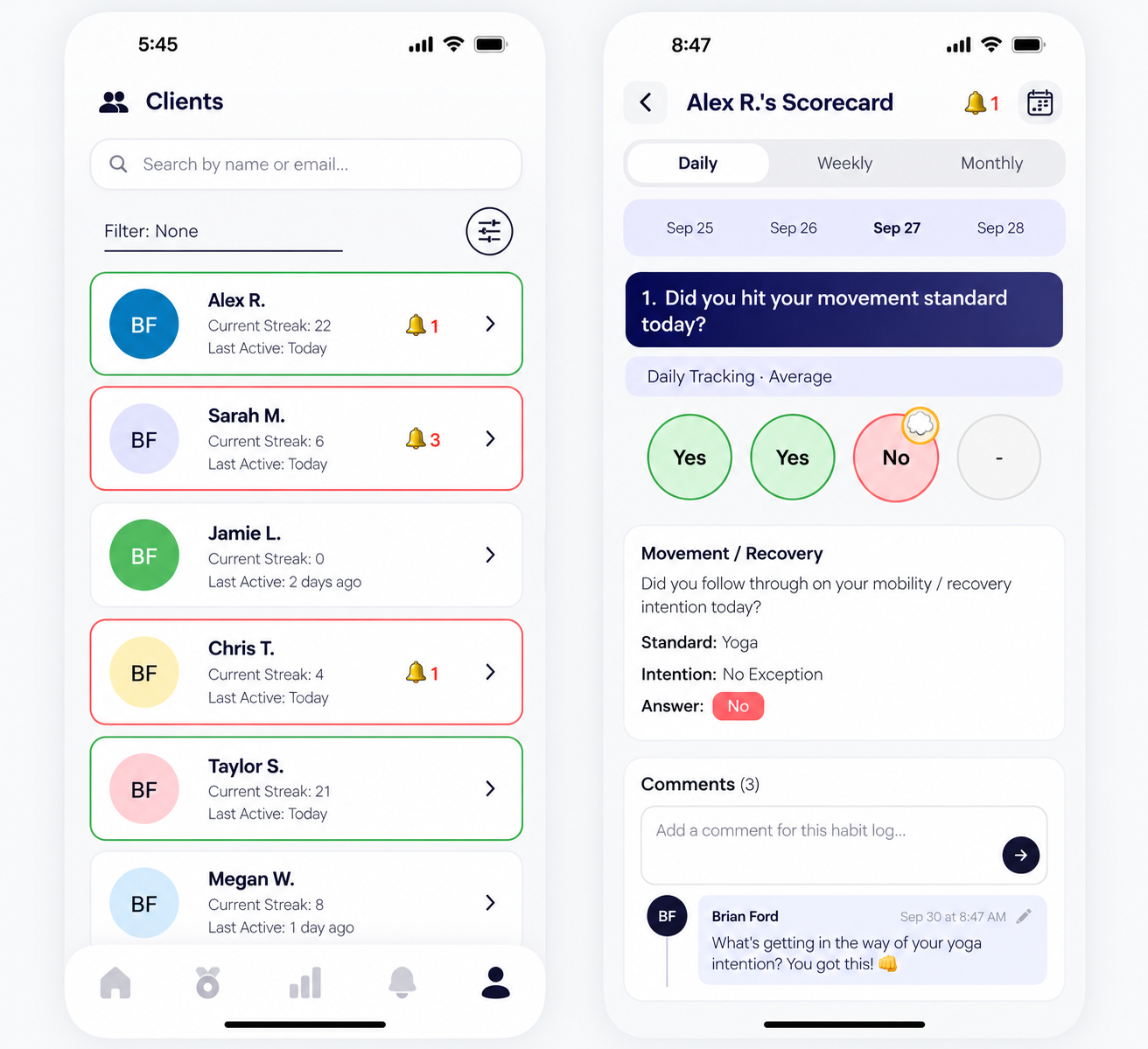 Coach mobile app: a client list with streaks and alerts, and Alex R.'s daily scorecard showing a missed movement standard with a coach comment