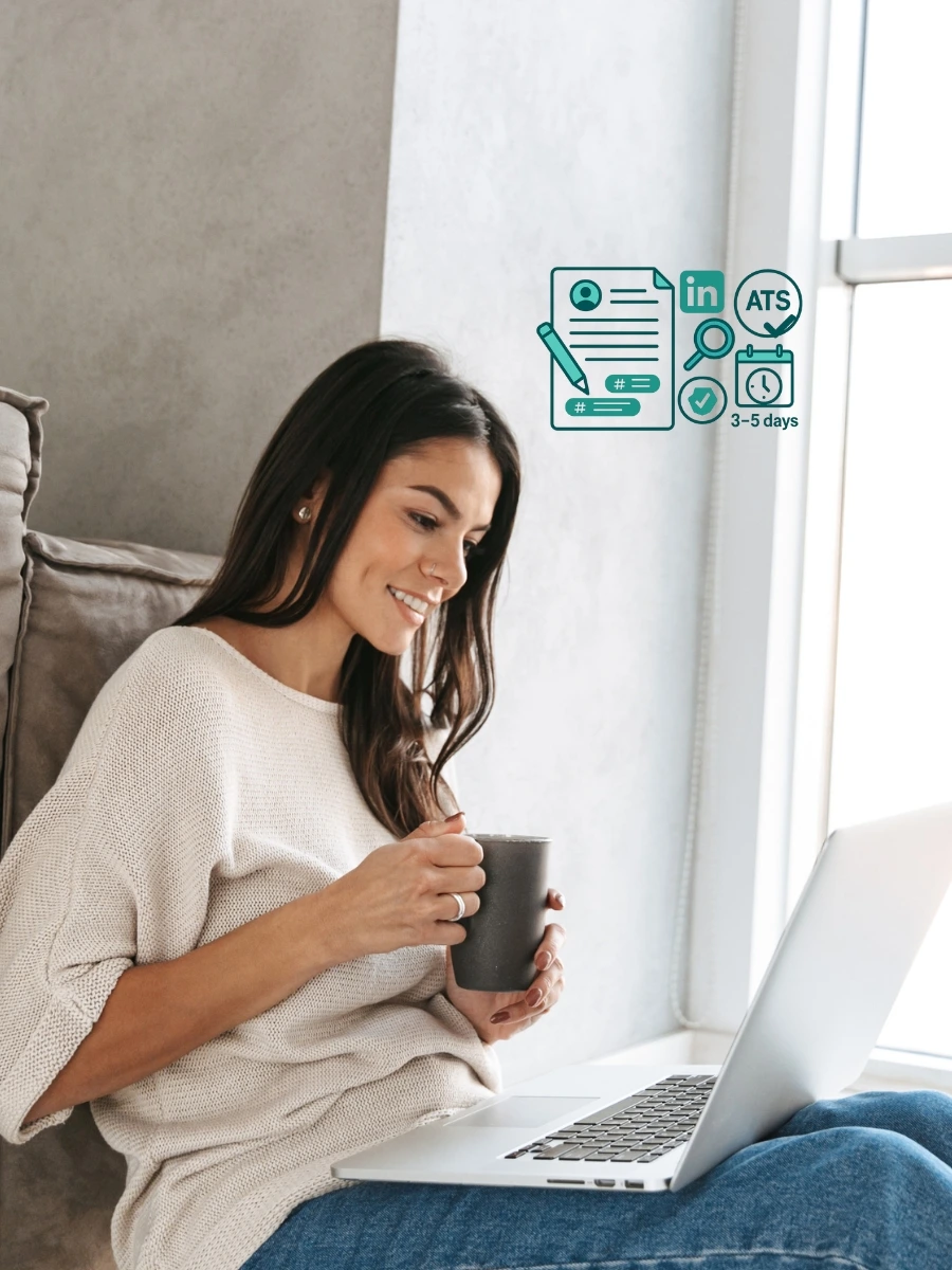 Professional smiling while reviewing a resume on a laptop, with icons for LinkedIn, ATS, and 3–5 day draft timeline