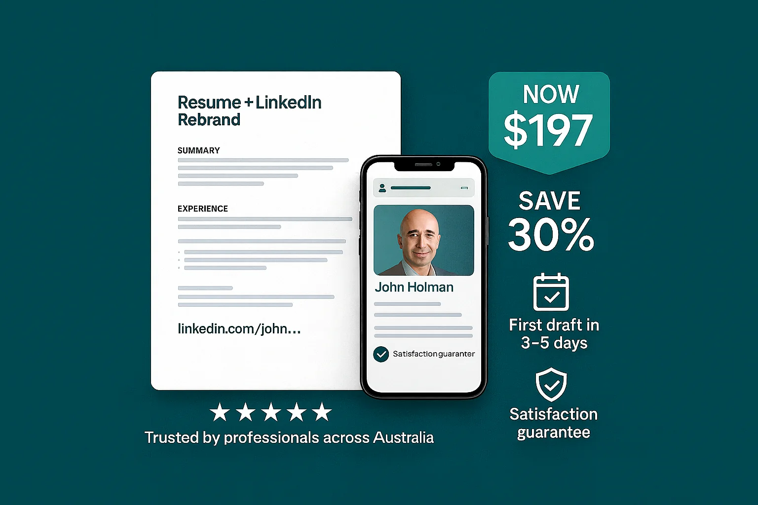 Resume and LinkedIn package with $197 price tag, 30% saving, fast draft, and satisfaction guarantee.
