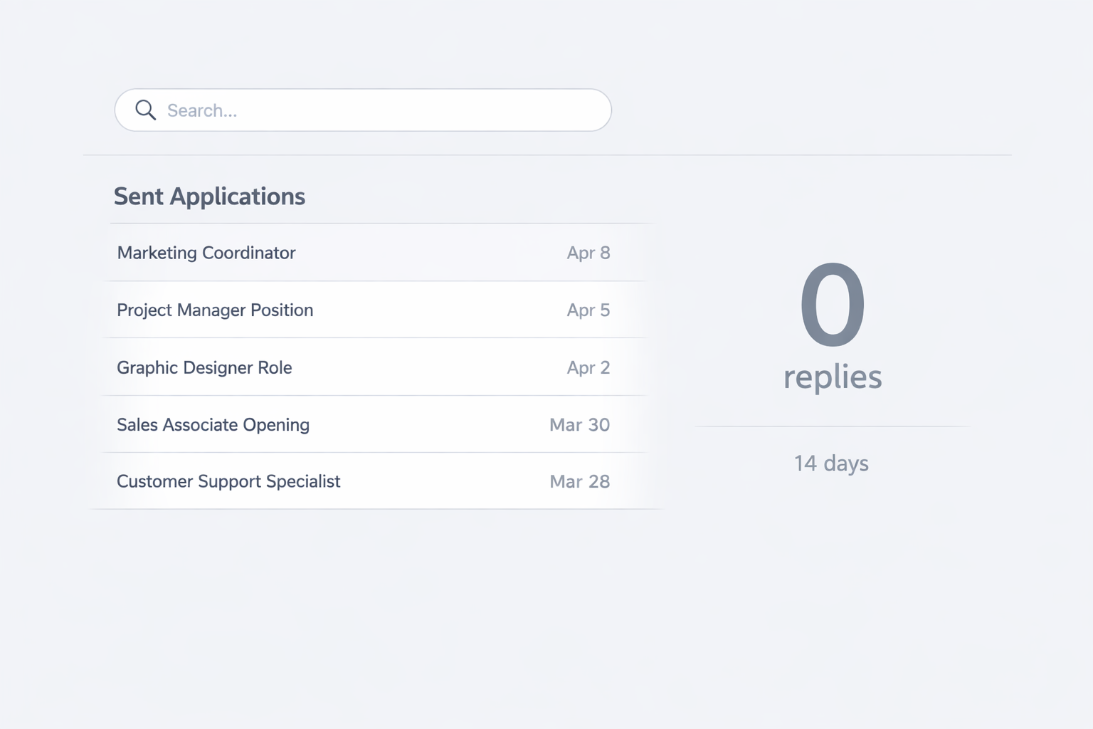 Sent job applications screen showing zero replies after 14 days.