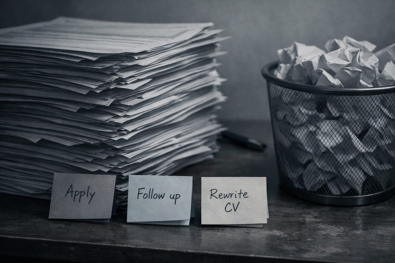 Stack of job applications beside a bin of crumpled paper with notes reading Apply, Follow up,