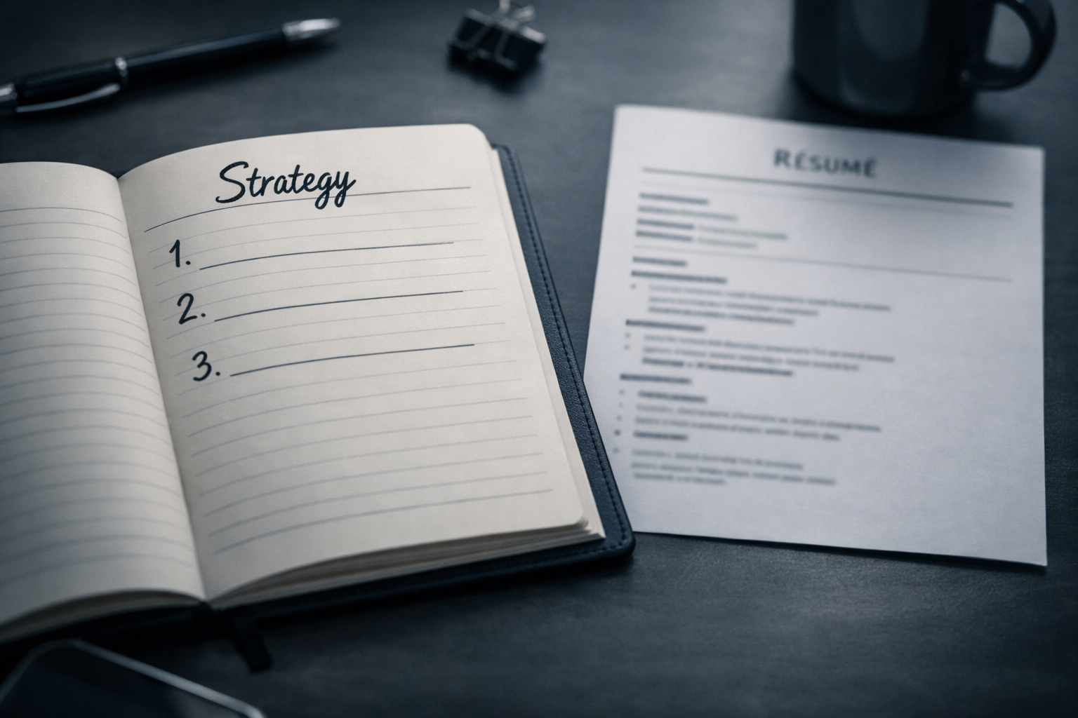 Notebook titled Strategy beside a blurred résumé on a desk.