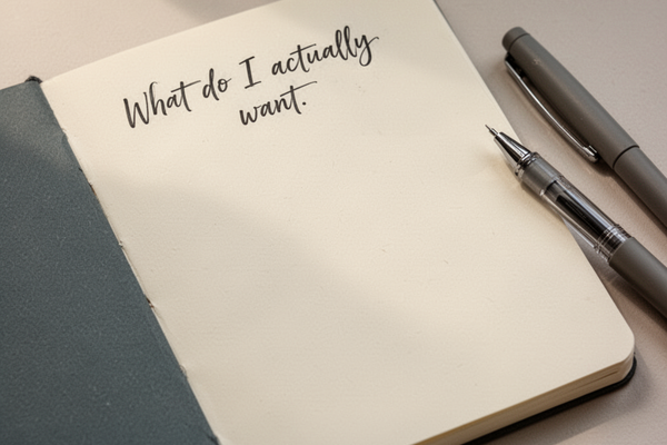 Open notebook with the handwritten question “What do I actually want” and a pen. Open notebook with the handwritten question “What do I actually want” and a pen.
