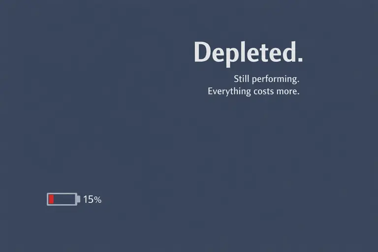 Low battery at 15 percent with the words “Depleted. Still performing. Everything costs more.